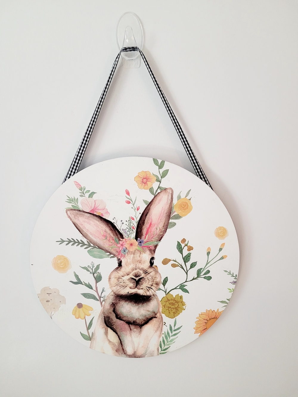 Whimsical Bunny Floral Round Wall Art - White & Pink